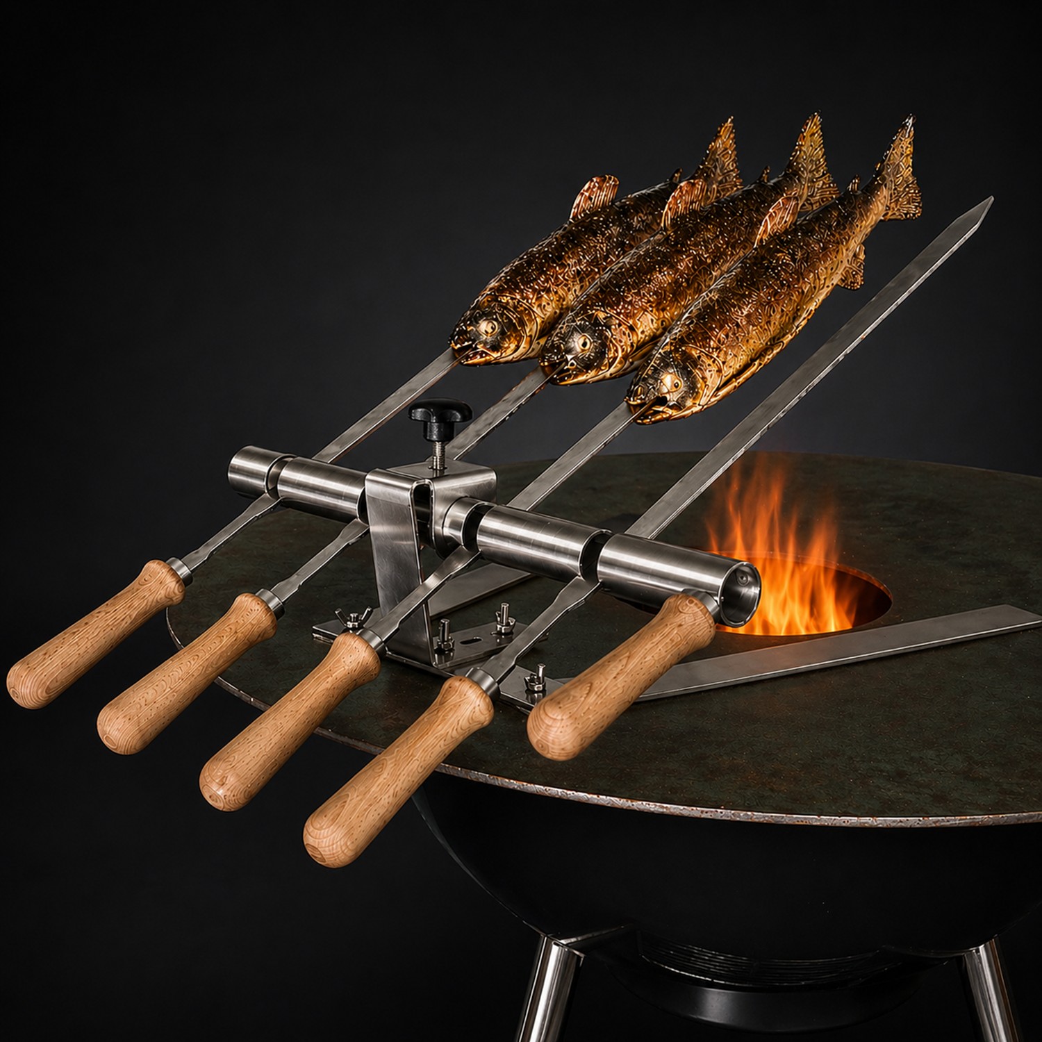 Steckerfisch Halter für 4 Fische I Edelstahlspieß I mit Standfuß für Grillplatten