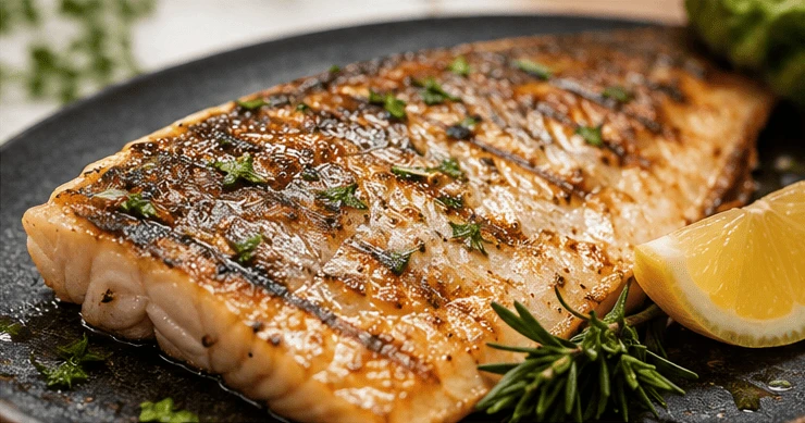 Saftig gegrillter Fisch vom Gasgrill mit gebräunter Oberfläche