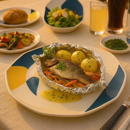 Rezept: Wurzel-Karpfen auf Kartoffelbett in der Folie gegart