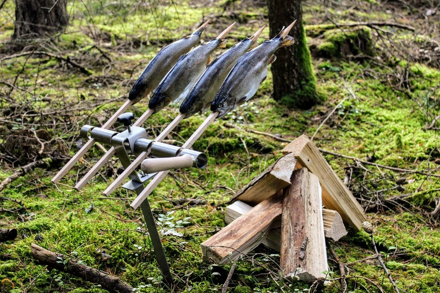 Steckerfisch Grillaufsatz für 4 Fische I Holzspieß I Lagerfeuer