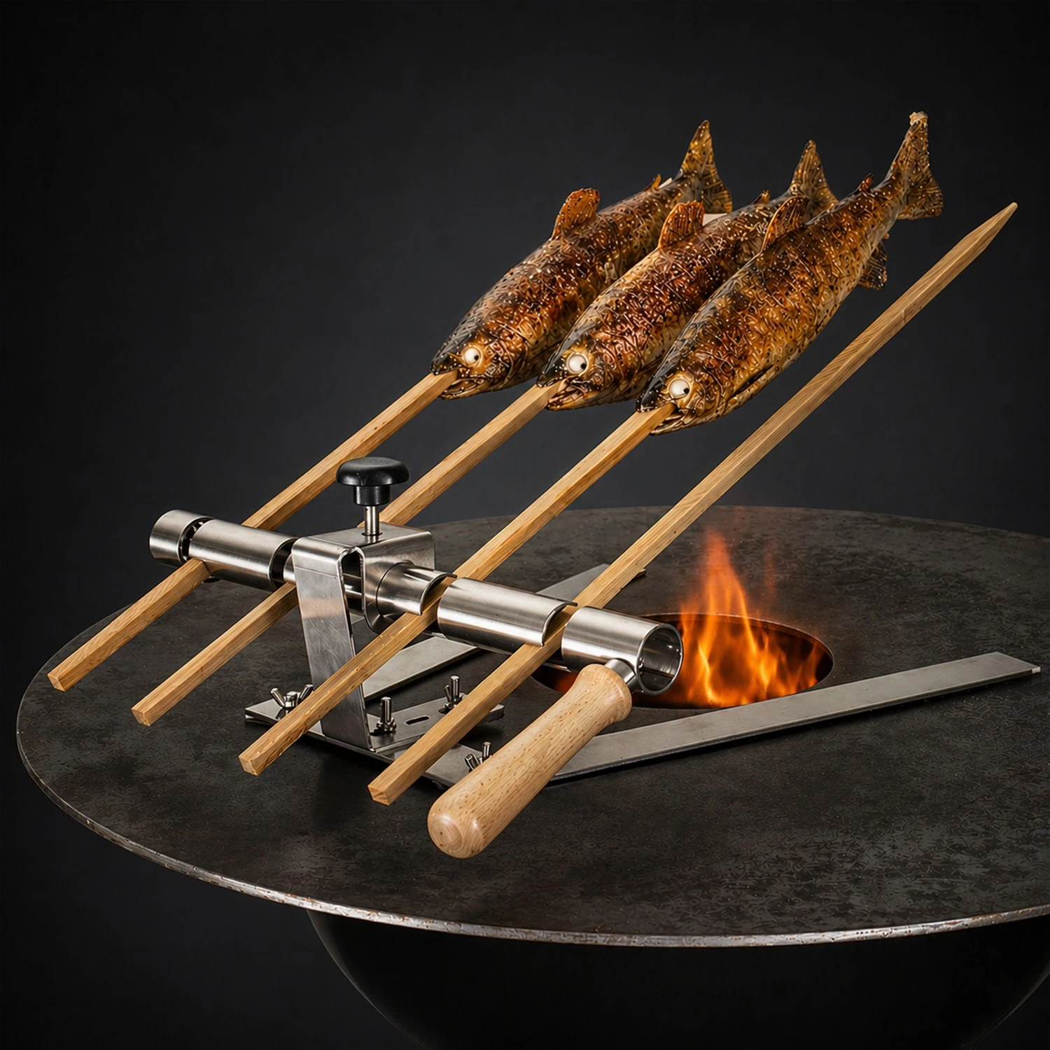 Steckerfisch Halter für 4 Fische I Holzspieß I mit Standfuß für Grillplatten