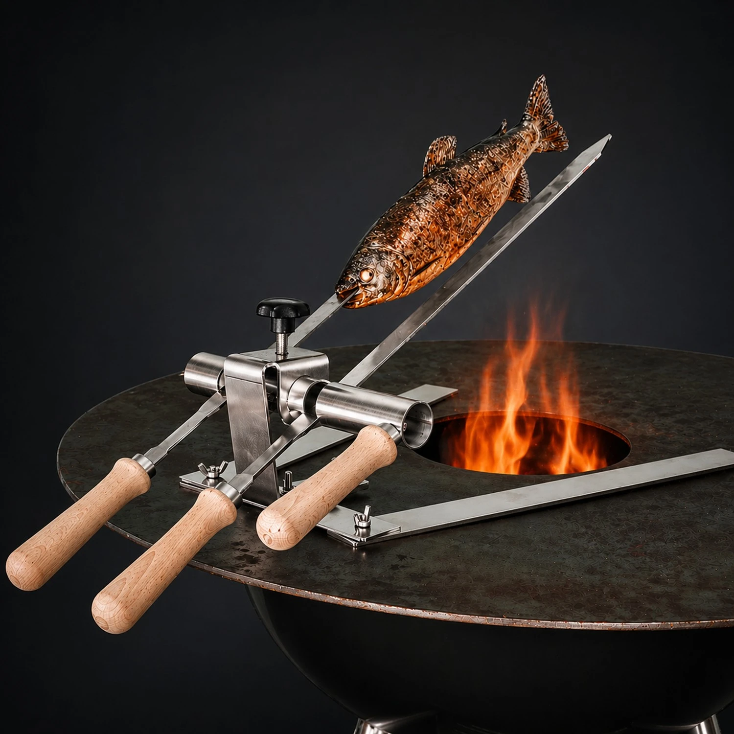 Steckerfisch Halter für 2 Fische I Edelstahlspieß I mit Standfuß für Grillplatten