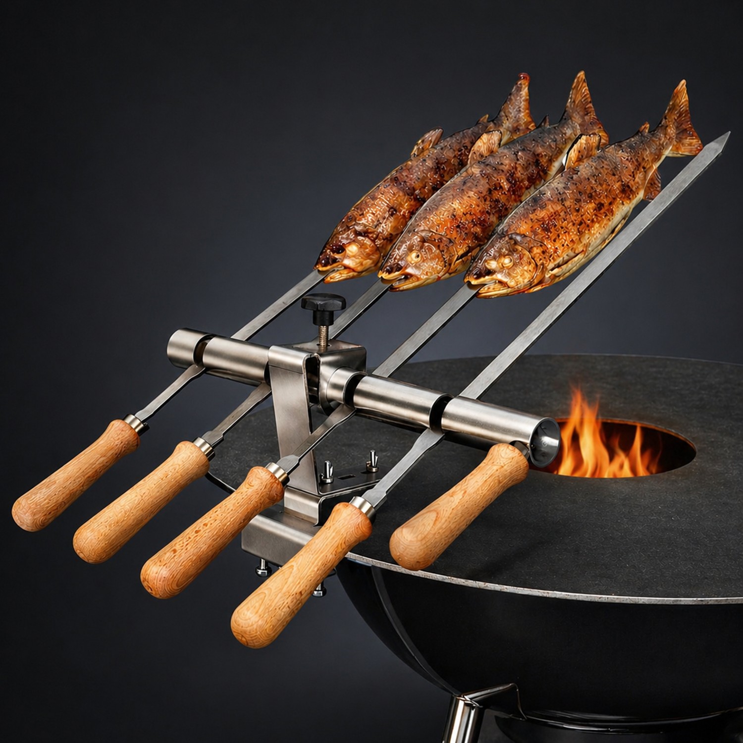 Steckerlfisch Halter für 4 Fische I Edelstahlspieß I Grillplatte (29 mm)