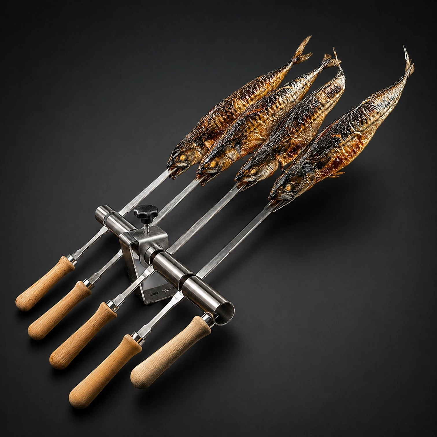Grillspieße mit mehreren ganzen Fischen, befestigt an einer Edelstahlhalterung mit Holzgriffen.