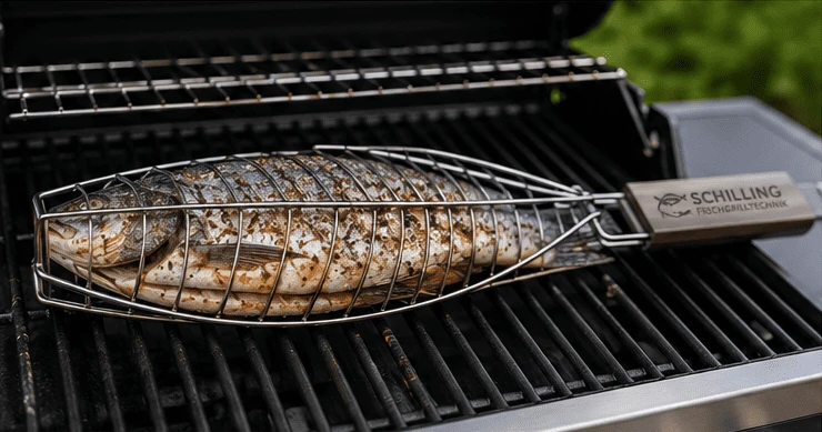 Fischhalter von Schilling Fischgrilltechnik mit Fisch auf einem Gasgrill