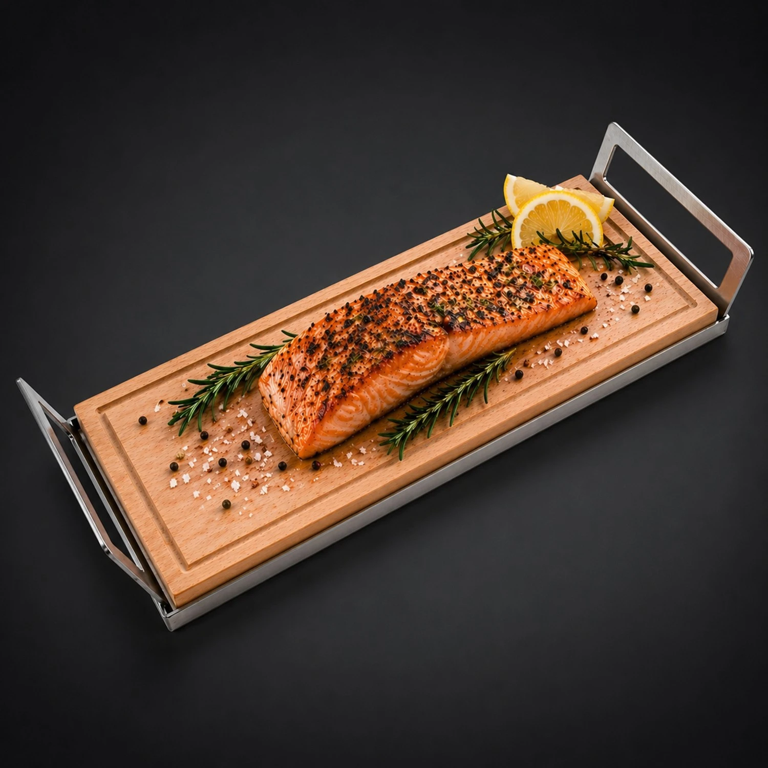 Grillbrett / Räucherbrett 45x14x2 cm aus Buche mit Griffschale
