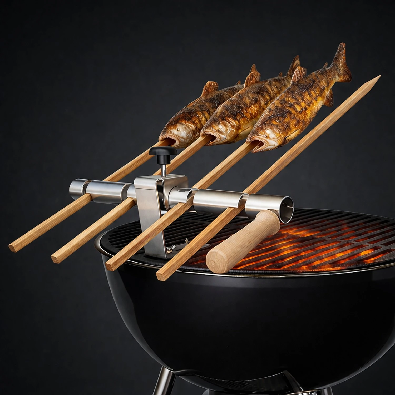 Steckerlfisch Grillaufsatz für 4 Fische I Holzspieß I Gas-und Kohlegrill
