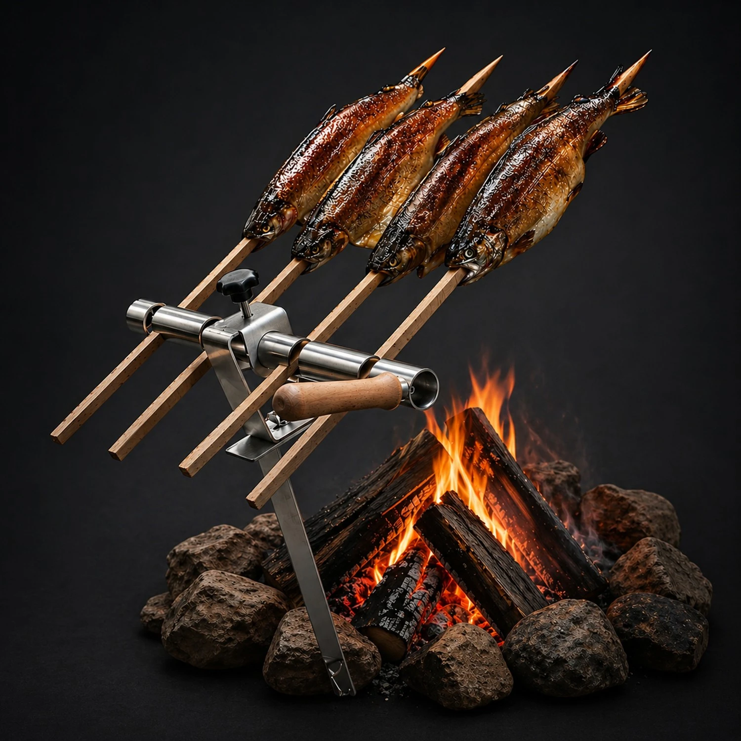 Steckerfisch Grillaufsatz für 4 Fische I Holzspieß I Lagerfeuer