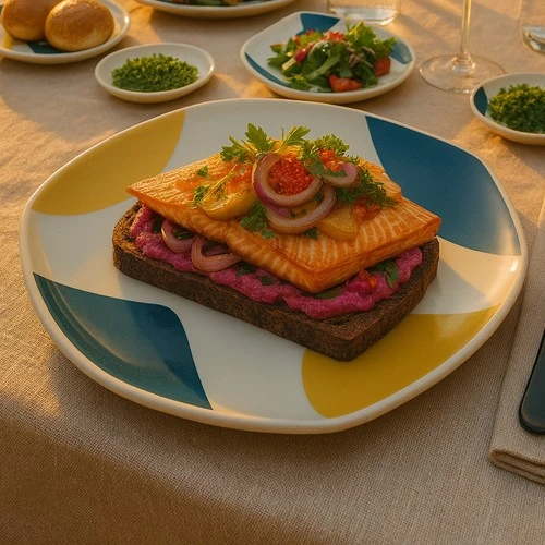 Rezept: Geräucherte Forelle mit Stulle, Rote Beete-Dip, Apfel und Salat