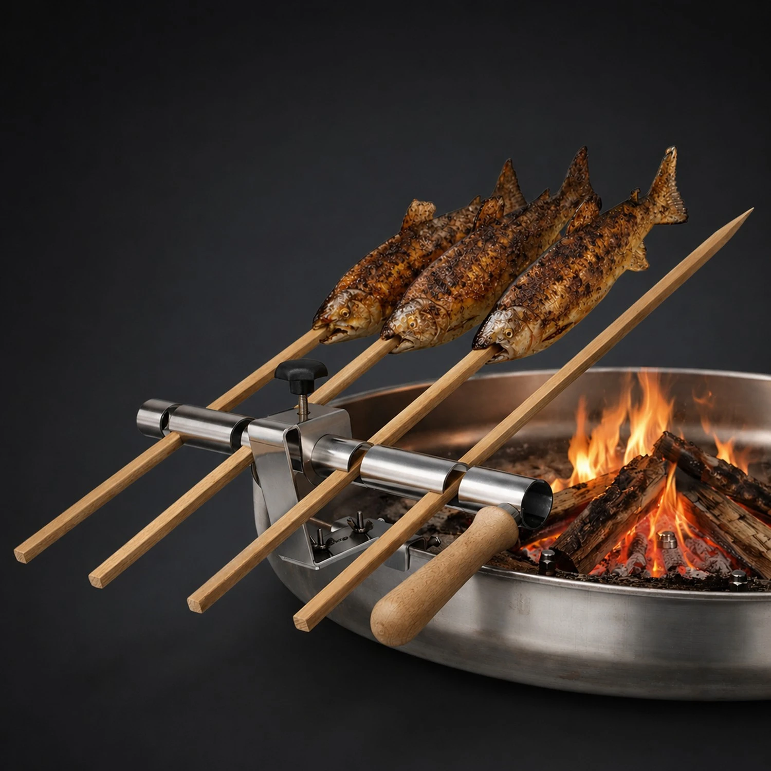 Steckerlfisch Grillaufsatz für 4 Fische I Holzspieß I Feuerschale