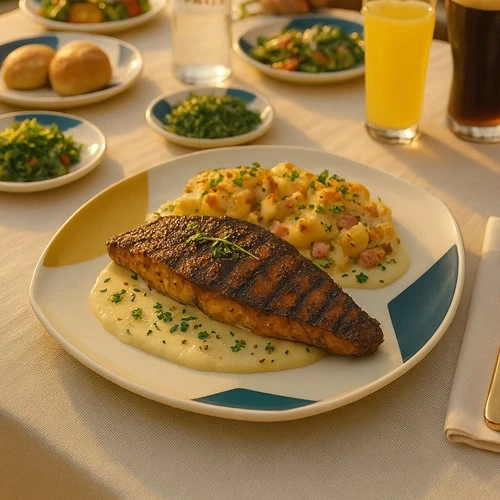 Rezept: Welsfilet auf Mostrahm mit Speck, Zwiebeln und Erdäpfelstrudel