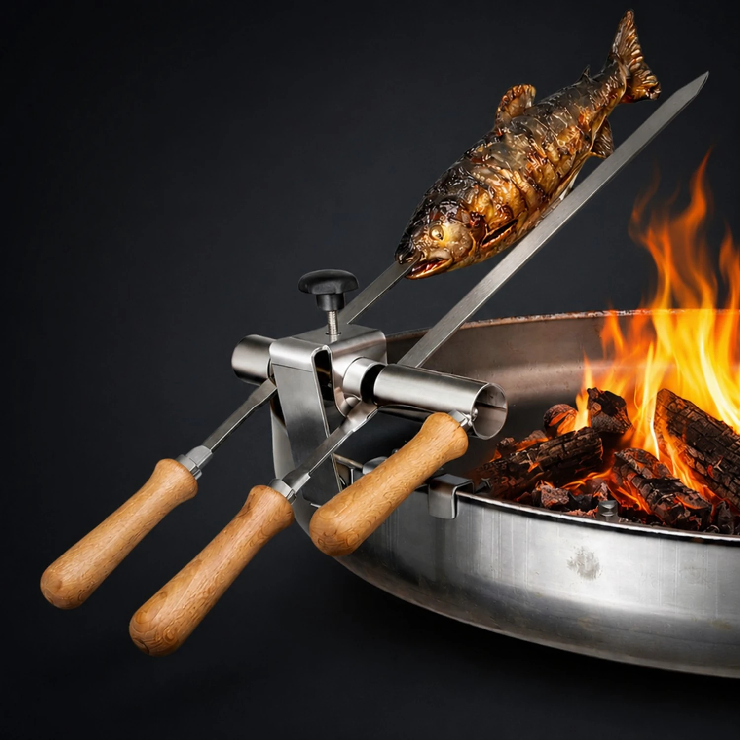 Steckerlfisch Grillaufsatz für 2 Fische I Edelstahlspieß I Feuerschale