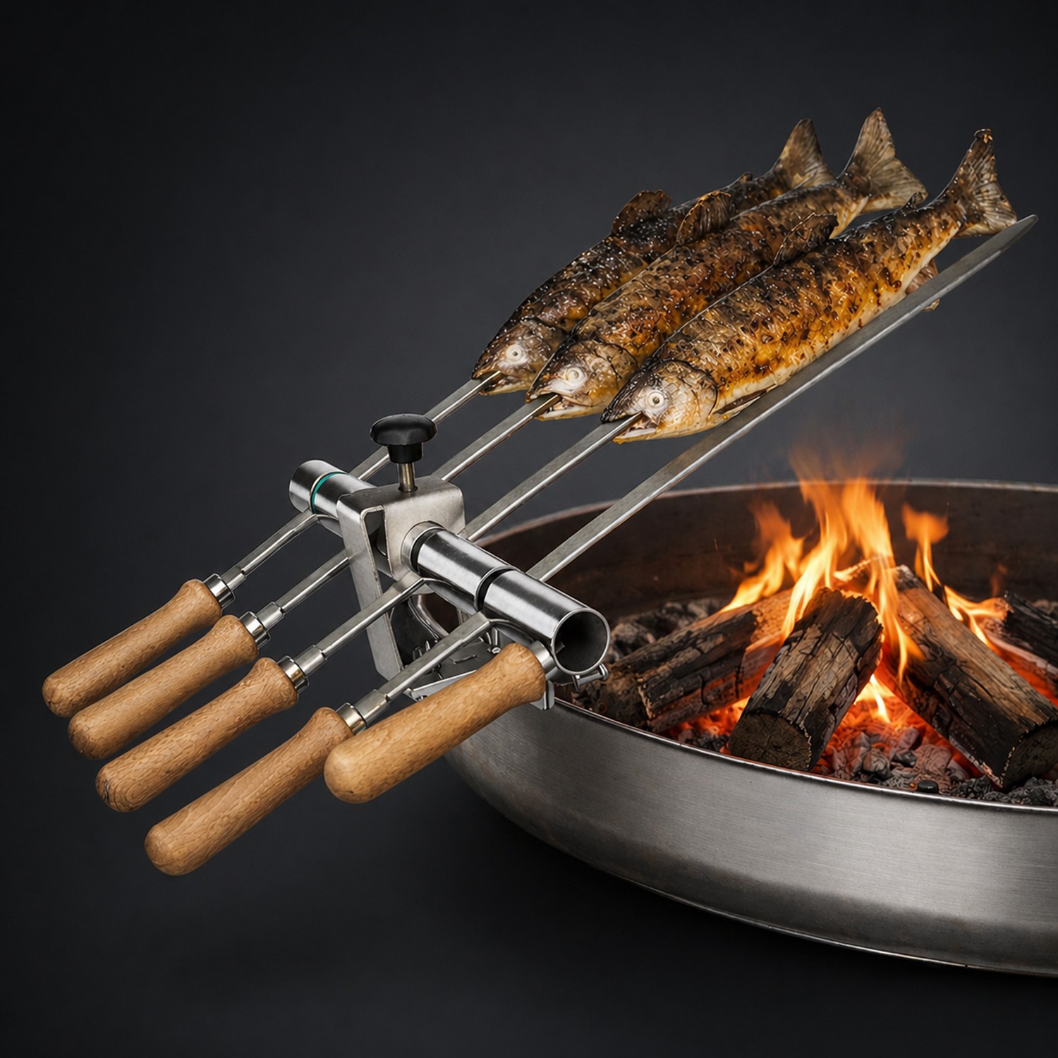 Steckerlfisch Grillaufsatz für 4 Fische I Edelstahlspieß I Feuerschale