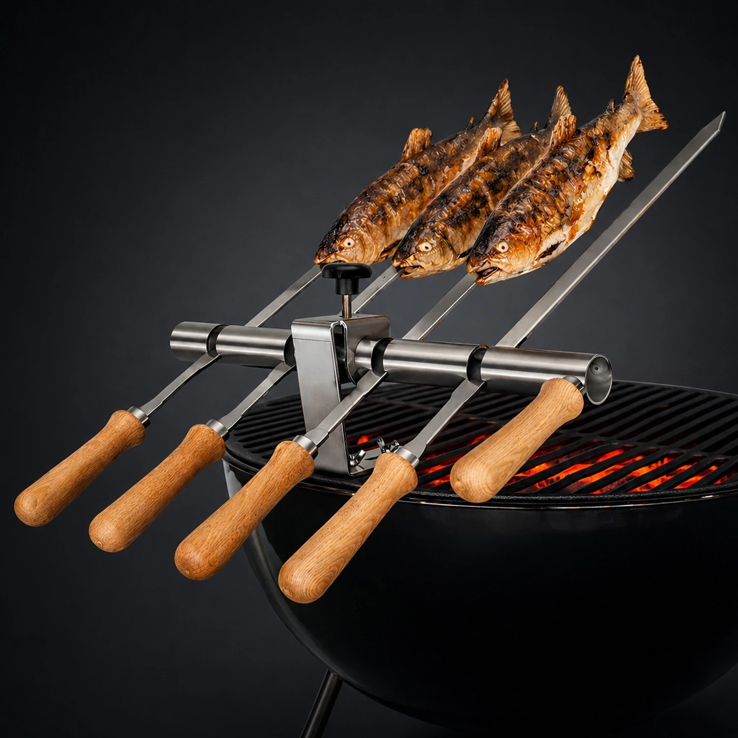 Steckerlfisch Grillaufsatz für 4 Fische I Edelstahlspieß I Gas- und Kohlegrill