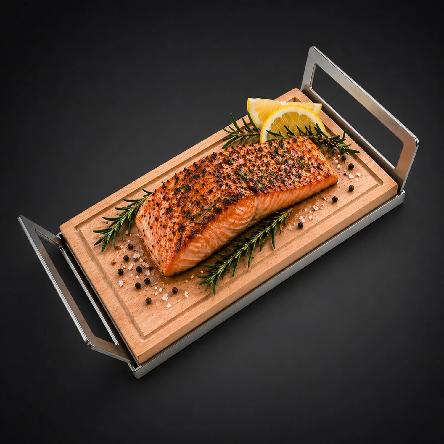 Grillbrett / Räucherbrett 30x14x2 cm aus Buche mit Griffschale