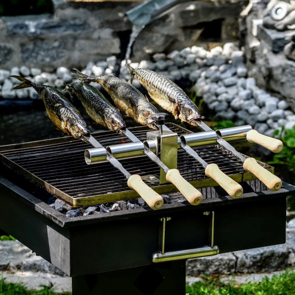 Steckerlfisch Grillaufsatz für 4 Fische I Edelstahlspieß I Gas- und Kohlegrill