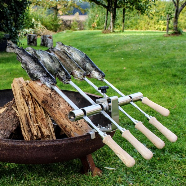 Steckerlfisch Grillaufsatz für 4 Fische I Edelstahlspieß I Feuerschale