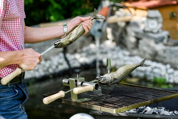 Steckerlfisch Grillaufsatz für 2 Fische I Edelstahlspieß I Gas- und Kohlegrill