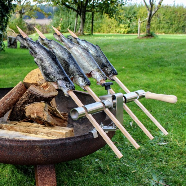 Steckerlfisch Grillaufsatz für 4 Fische I Holzspieß I Feuerschale