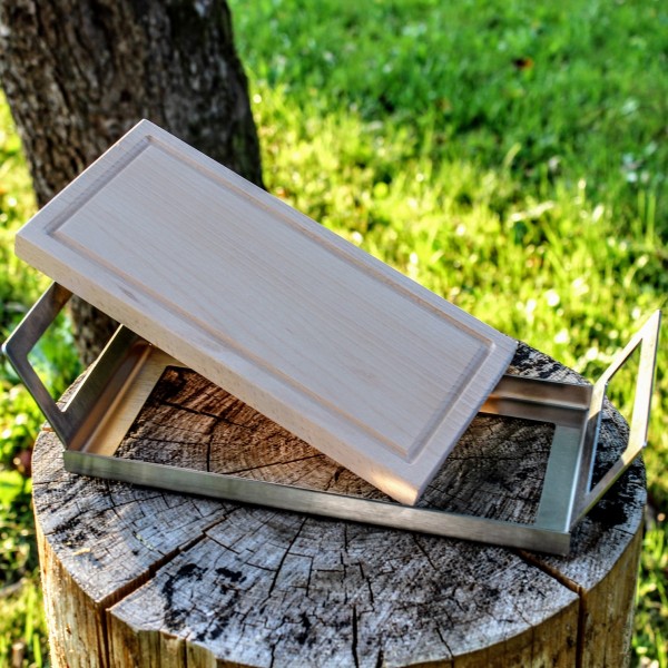 Grillbrett / Räucherbrett 45x14x2 cm aus Buche mit Griffschale