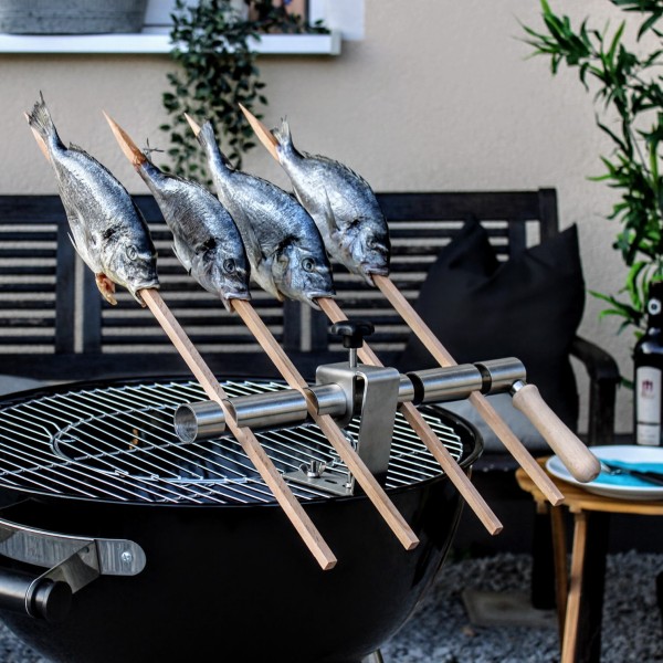 Steckerlfisch Grillaufsatz für 4 Fische I Holzspieß I Gas-und Kohlegrill